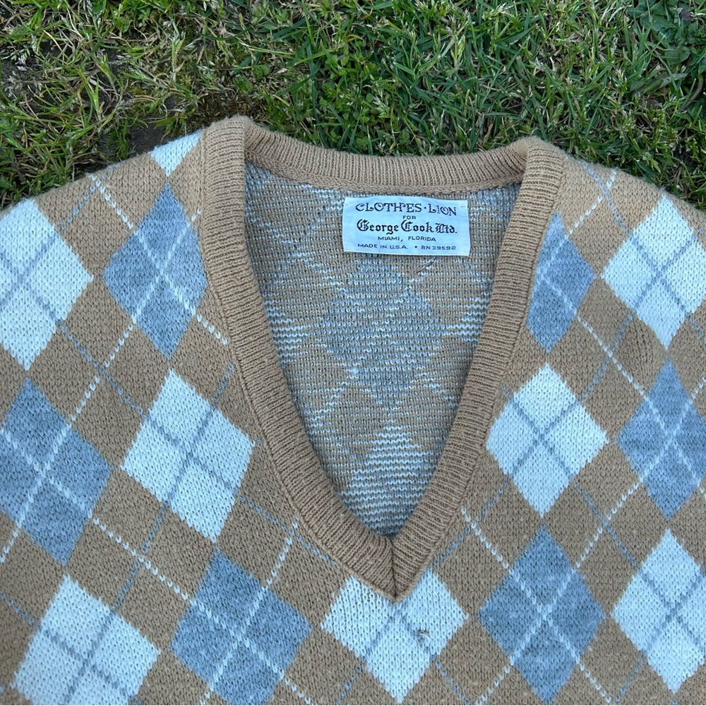 Vintage Clothes Lion Argyle Multicolor Pullover V-Neck Sweater Men’s L USA Made - Picture 7 of 10